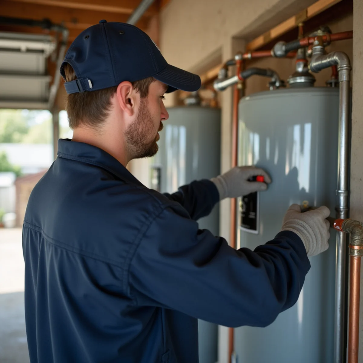 Homeowner checking a water heater and shutoff valve as part of annual maintenance in El Dorado County