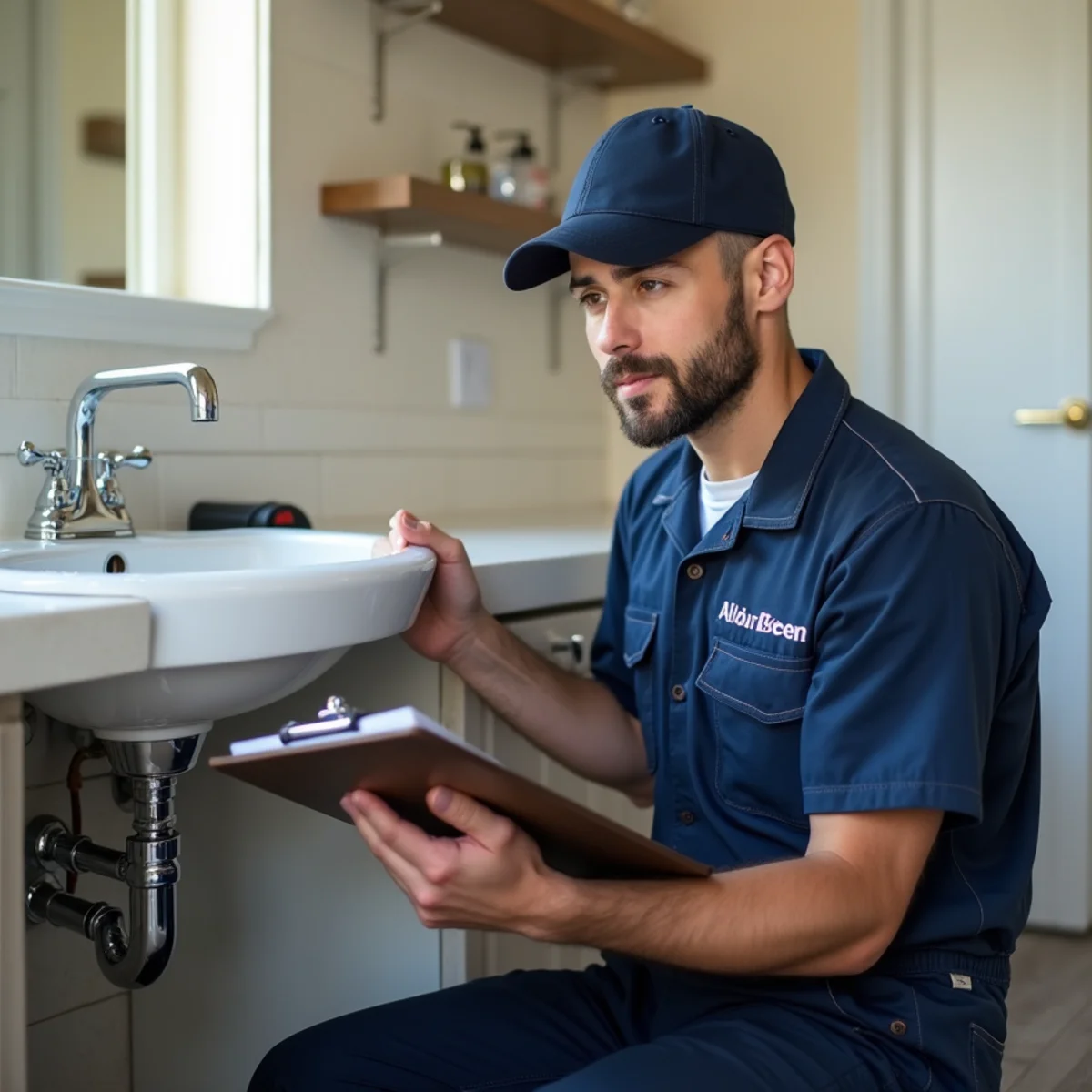 Home buyer inspecting under-sink plumbing during a walkthrough in Shingle Springs