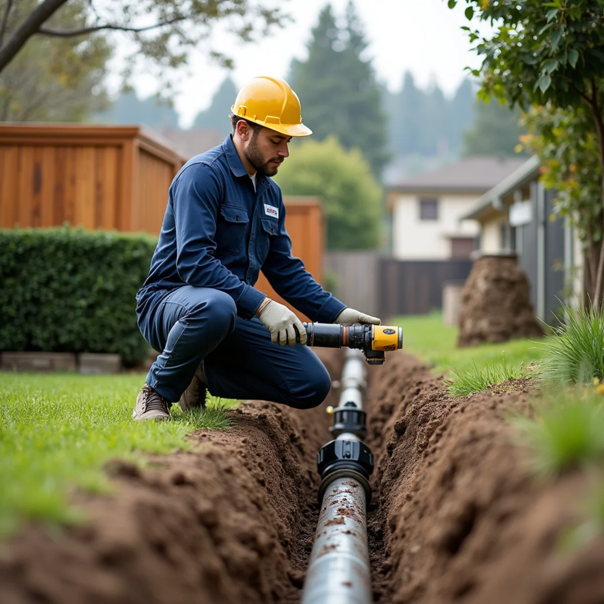 Trenchless sewer line repair equipment set up in a residential yard in El Dorado County, California