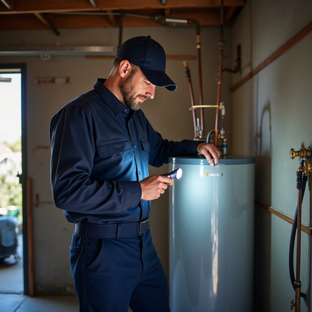 Plumber inspecting a residential water heater in a Cameron Park, California home