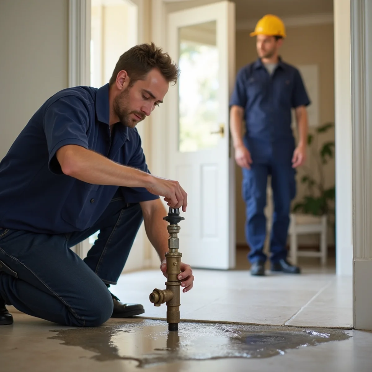 Homeowner shutting off the main water valve during a plumbing emergency in El Dorado Hills