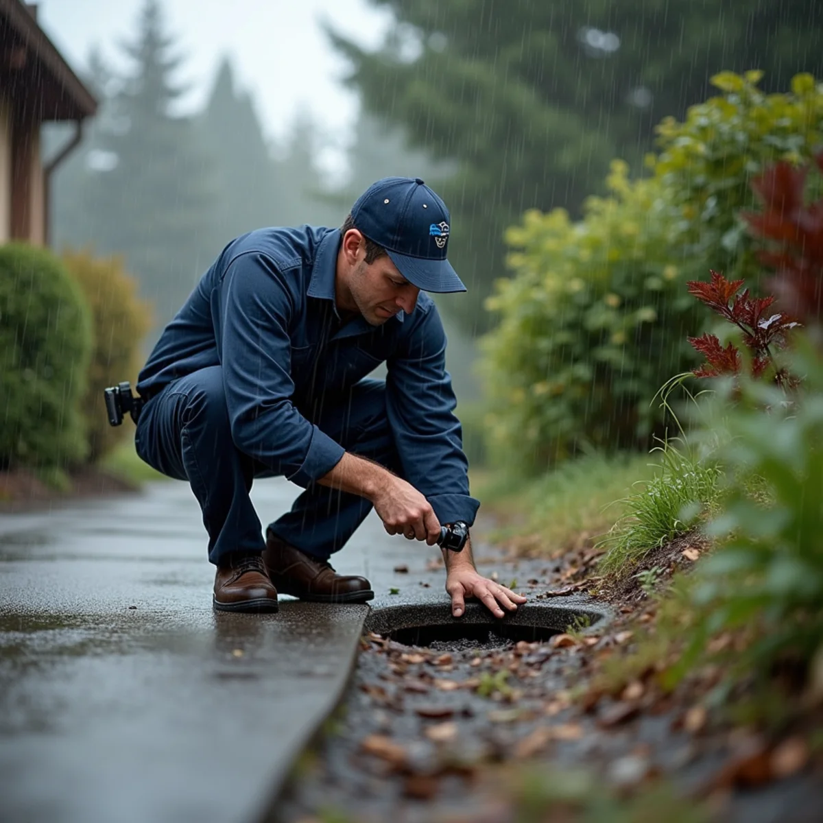 Homeowner inspecting a sewer cleanout after storm flooding in Placerville, California