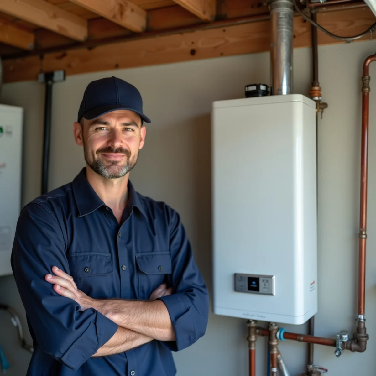 Side-by-side tankless and tank water heater installed in an El Dorado Hills garage