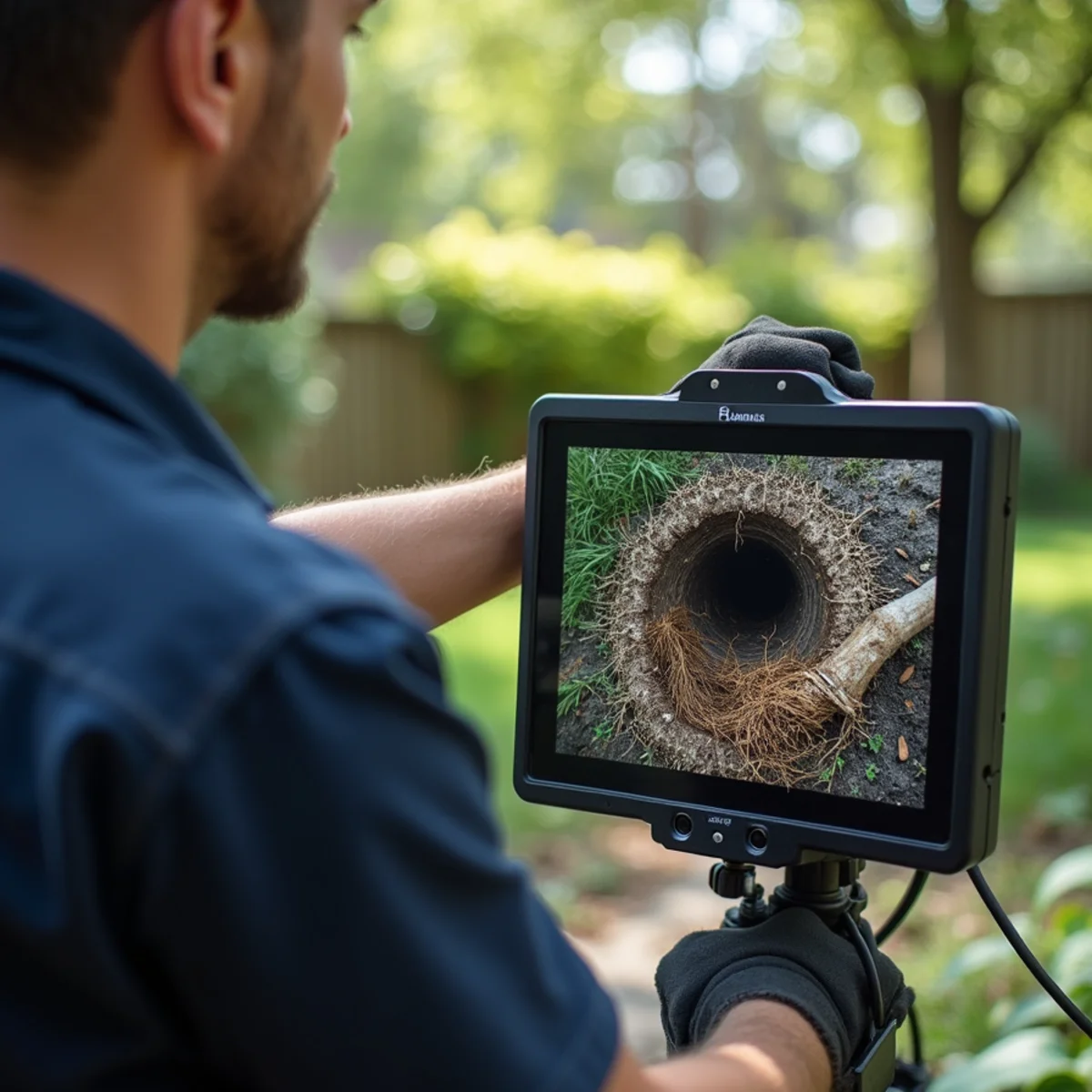 Tree roots exposed inside a residential sewer pipe in Fair Oaks, California