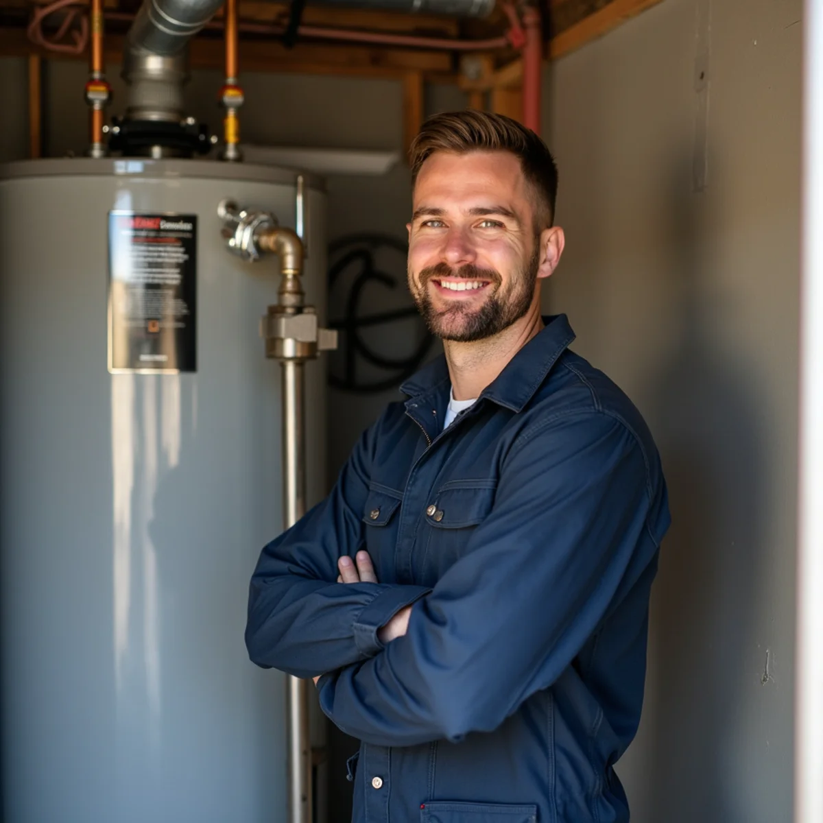 New tankless water heater installed on a garage wall in a Shingle Springs, California home