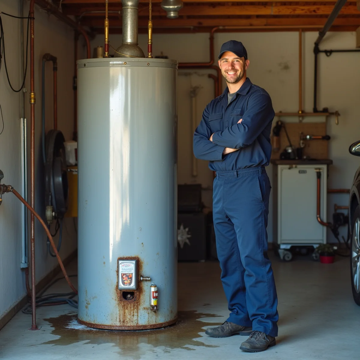 Rusted water heater tank showing corrosion before failure in a Rocklin garage