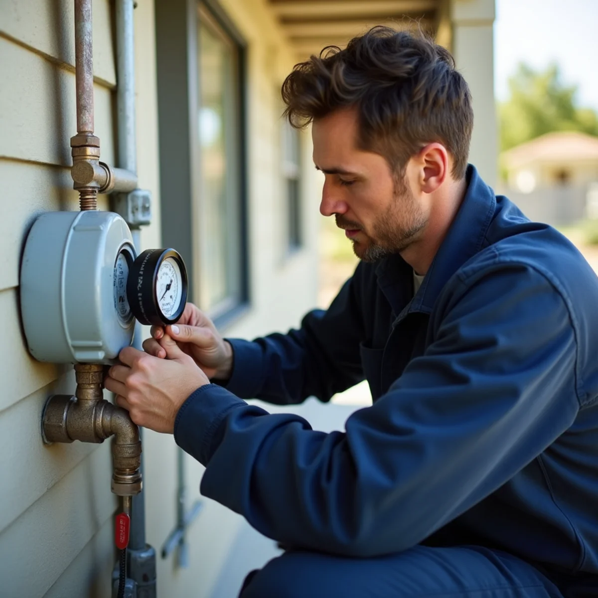 Licensed plumber testing a gas line in an El Dorado Hills home