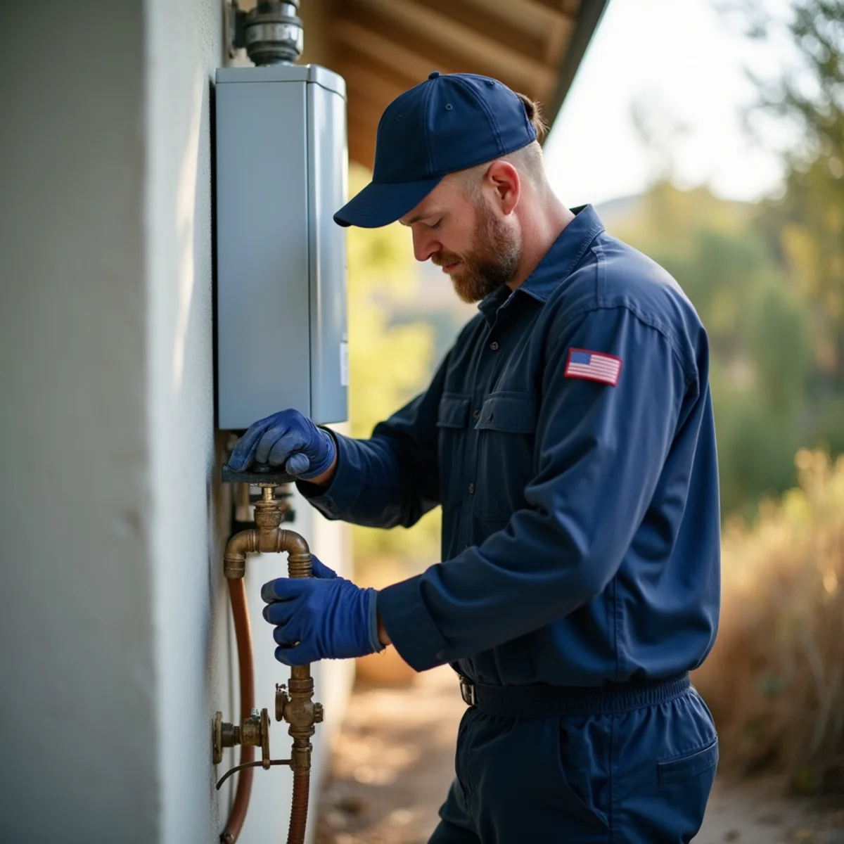 Licensed plumber installing an outdoor kitchen fixture at an Auburn Lake Trails, CA estate
