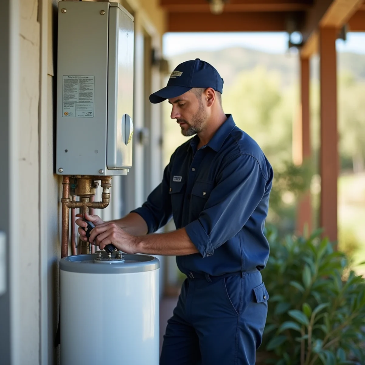 Licensed plumber installing a water heater in a Cameron Park, CA home