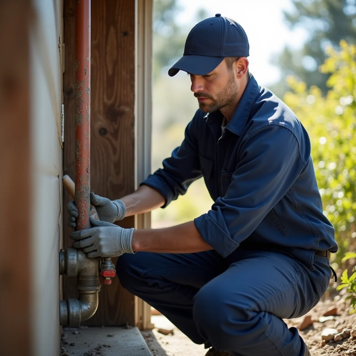 Licensed plumber checking a flood-ready shutoff valve at a Coloma, CA riverside home