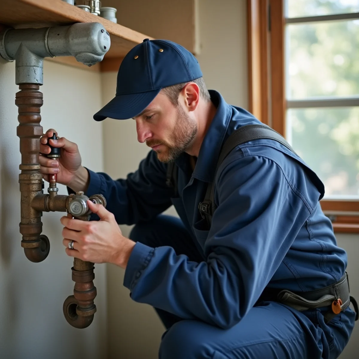 Licensed plumber inspecting a well pressure tank at a Newcastle, CA property