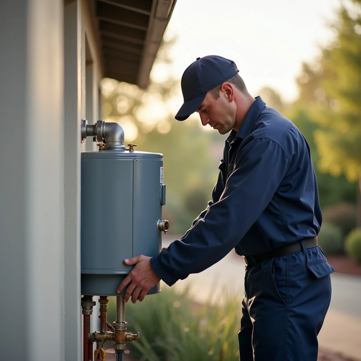 Licensed plumber installing a tankless water heater in a Rancho Murieta, CA golf community home