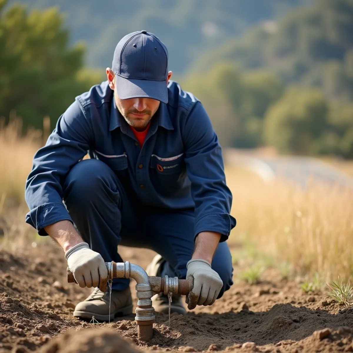 Licensed plumber inspecting a well pressure tank on a Rescue, CA acreage property