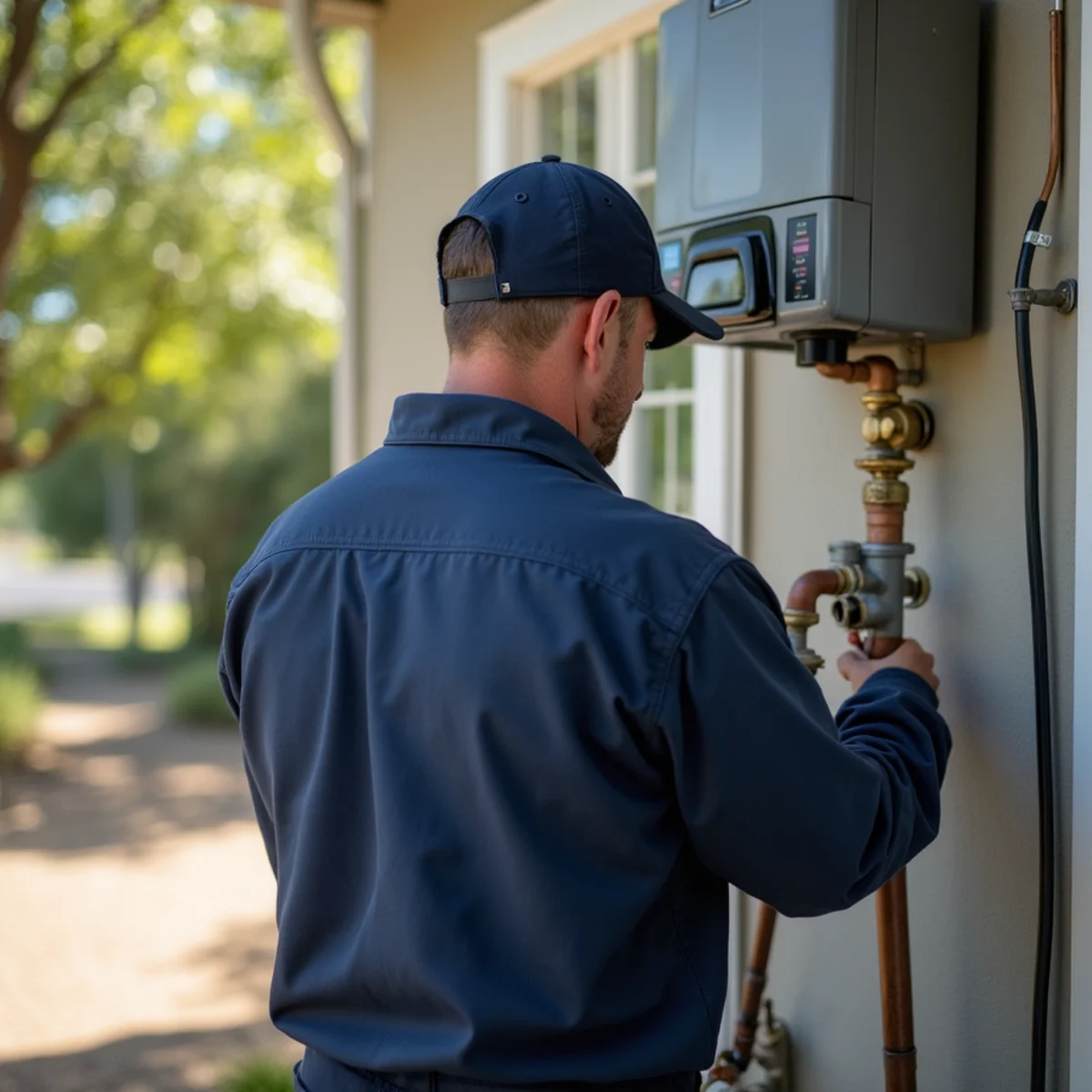 Licensed plumber servicing well pump equipment at a Somerset, CA vineyard property