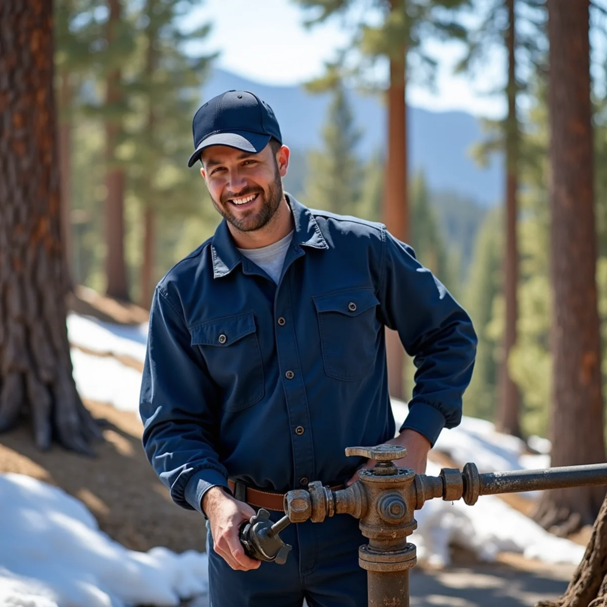 Licensed plumber repairing a frozen burst pipe in a South Lake Tahoe, CA vacation home
