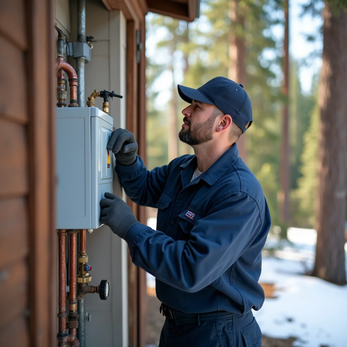 Licensed plumber repairing a burst pipe in a Tahoe City, CA lakefront cabin
