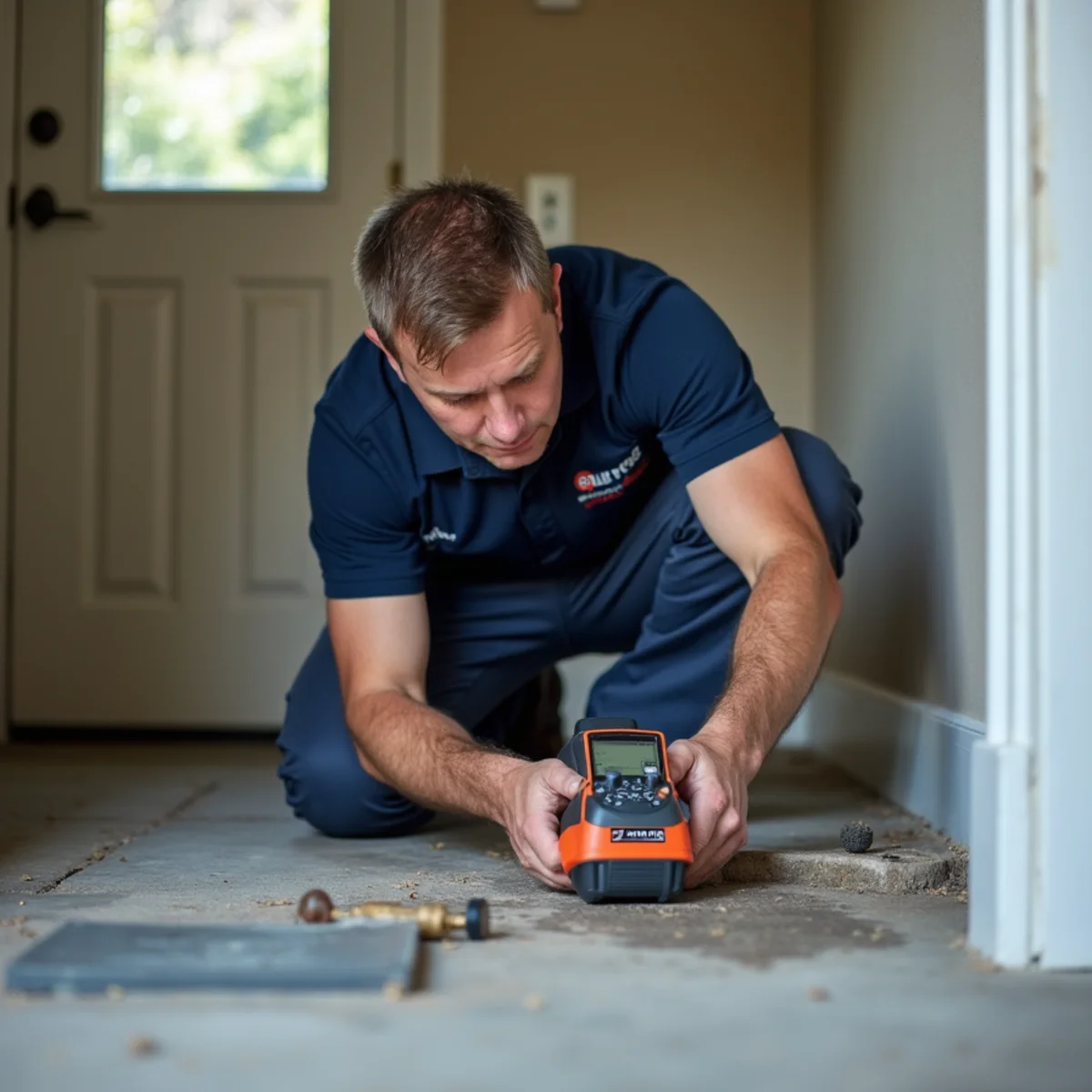 Plumber locating a slab leak in an El Dorado Hills home